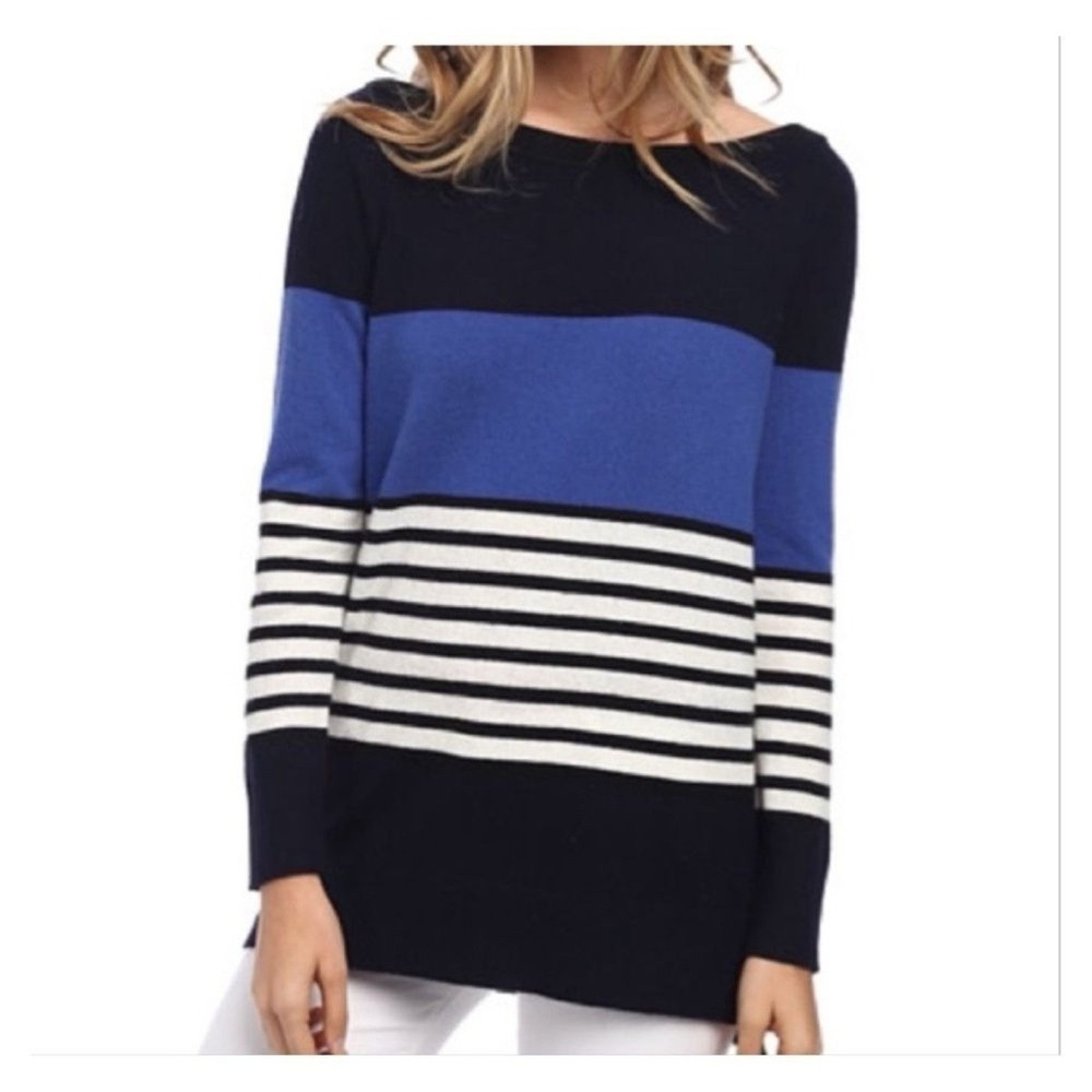 Kate Spade New York Wool Cashmere Striped Colorblock Tunic Sweater Navy Blue XS